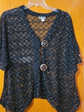 Black Crochet Open-Weave Short Sleeve Tunic with Decorative Buttons
